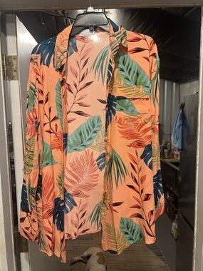 Peach Tropical Leaf Button-Up Shirt